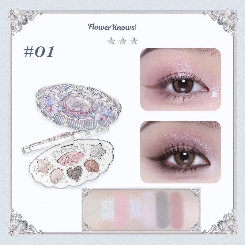 Paleta de Sombras Shell’s Jewel 6 cores Flower Knows – Acabamentos Matte, Shimmer e Glitter, à Prova d’Água