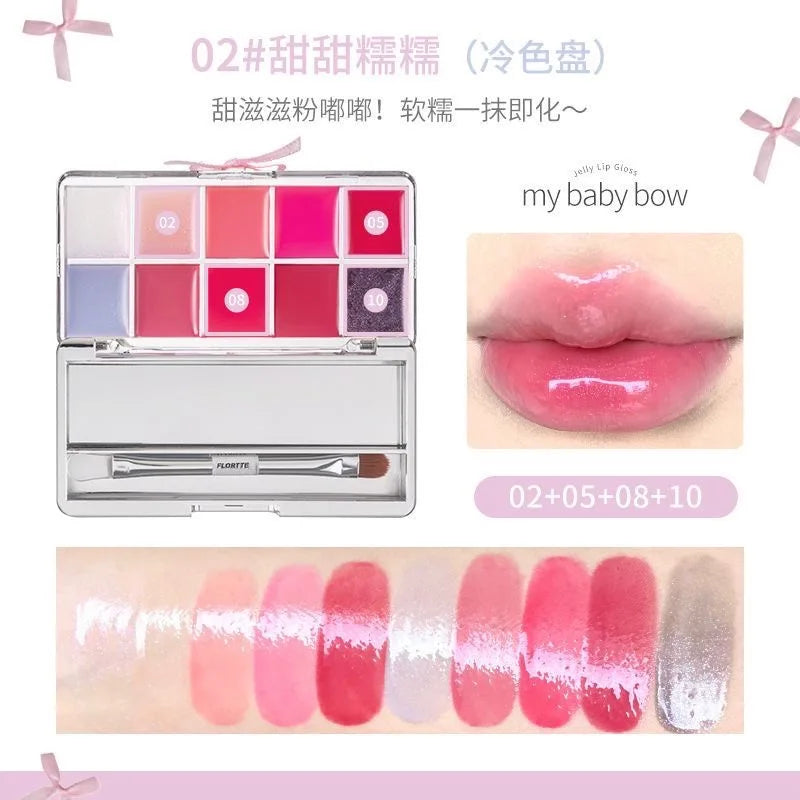 Paleta de Gloss Labial FLORTTE Peng Princess Jelly – 10 Cores Hidratantes