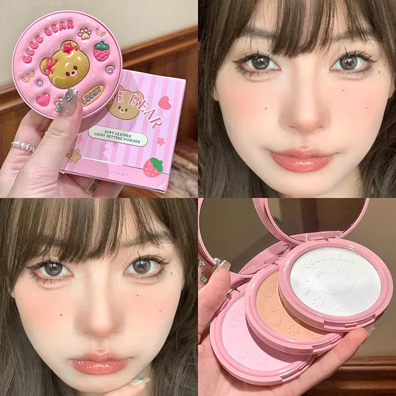 🐻 Cute Leather Concealer Powder Gege Bear – Pó Compacto Matte com Efeito Suave & Embalagem Fofa