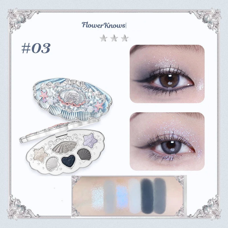 Paleta de Sombras Shell’s Jewel 6 cores Flower Knows – Acabamentos Matte, Shimmer e Glitter, à Prova d’Água