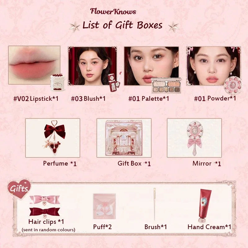 Flower Knows Strawberry Cupid Box – Kit de Maquiagem Completo com Estojo Presenteável | Paleta, Batom, Blush, Pó Compacto, Perfume e Mais | Edição Limitada