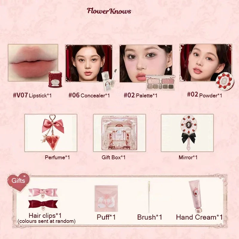 Flower Knows Strawberry Cupid Box – Kit de Maquiagem Completo com Estojo Presenteável | Paleta, Batom, Blush, Pó Compacto, Perfume e Mais | Edição Limitada