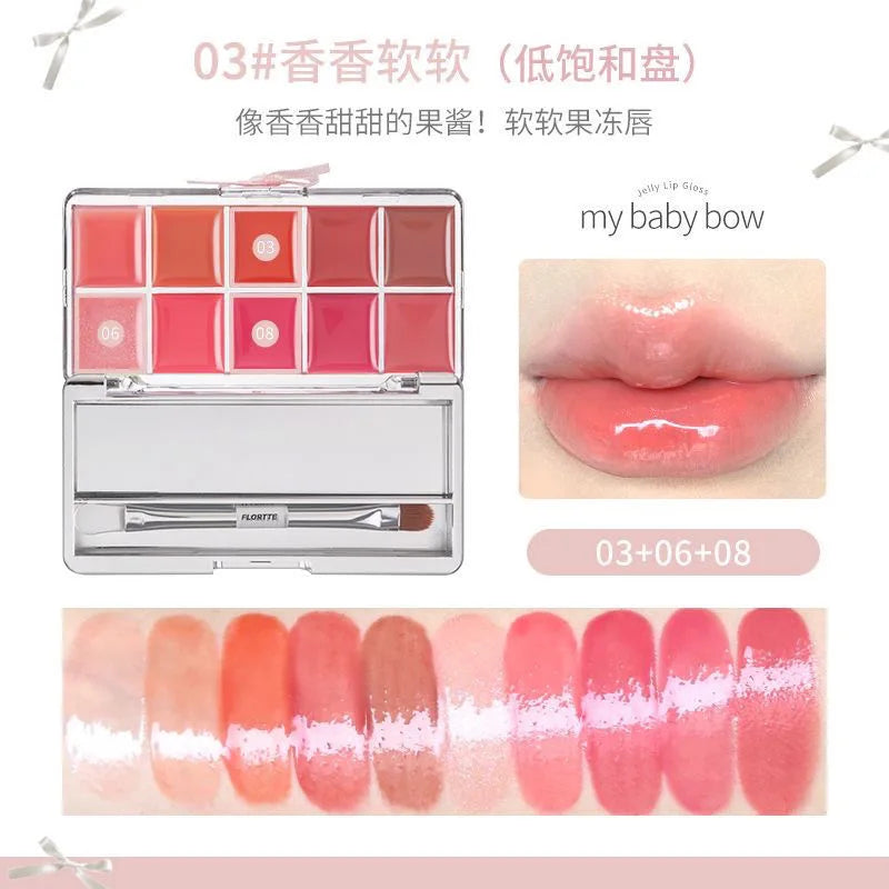 Paleta de Gloss Labial FLORTTE Peng Princess Jelly – 10 Cores Hidratantes